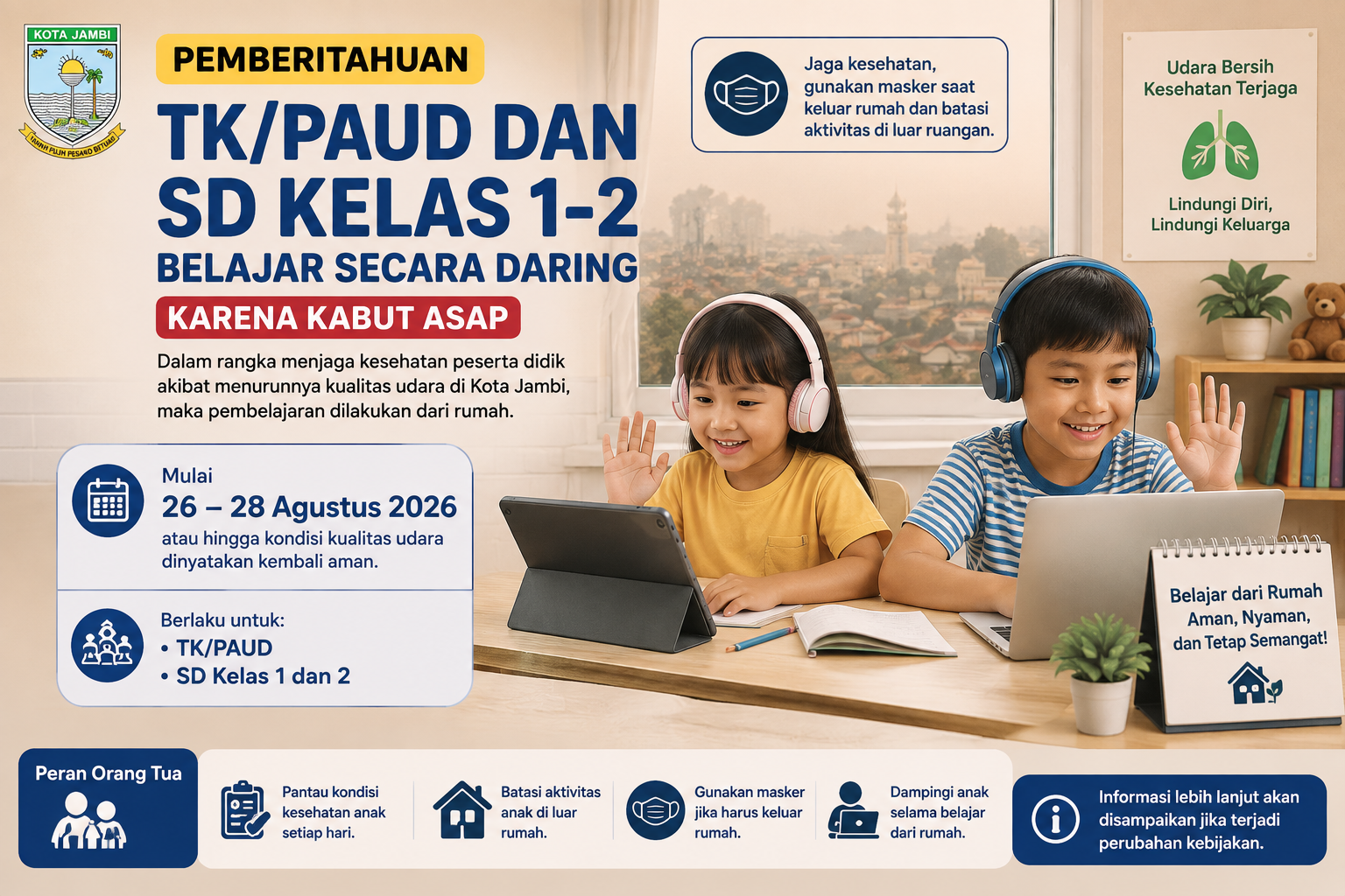 Antisipasi Kabut Asap, Pemkot Jambi Alihkan KBM PAUD hingga SD Kelas 2 ke Pembelajaran Daring Mulai Besok
